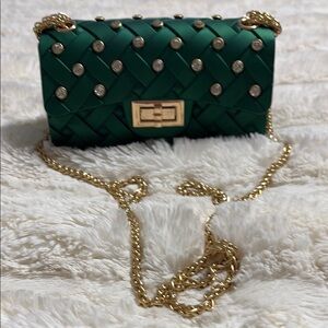 Elegant Green Woven Clutch with Gold Chain